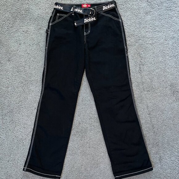 DICKIES BLACK RELAXED FIT CARPENTER PANTS - WITH LOGO BELT - EUC - JUNIOR 7 / 28 - Picture 2 of 12